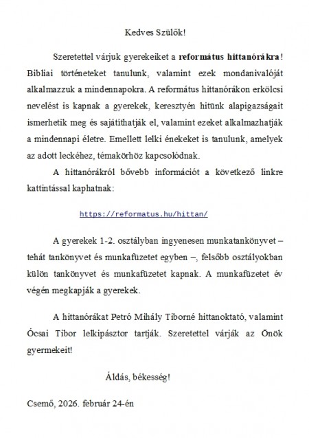 Tájékoztatás a református hittan oktatásáról